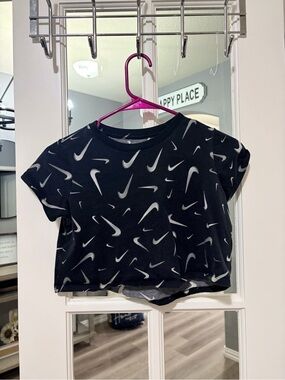Nike Black Cropped Tee with White Swoosh Print